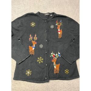 Crystal Kobe Reindeer Snowflake Christmas Cardigan Sweater Black Womens Large